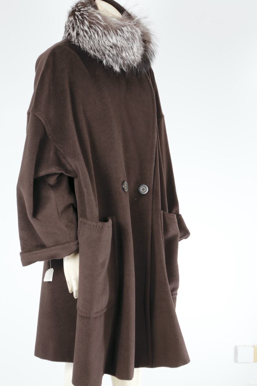 Max Mara Brown Wool Oversized Coat Detachable Silver Fox Fur Collar Size 10